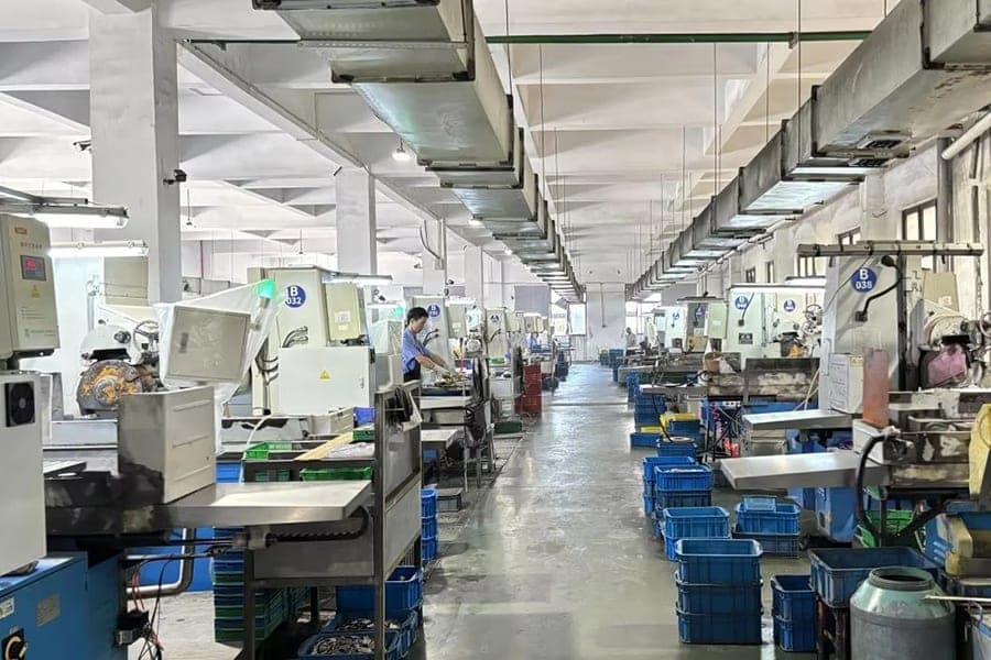 Grinding workshop aisle with equipment positioned on both sides